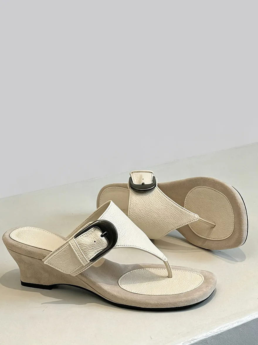 Sandales compensées pour femmes tongs en daim avec boucle