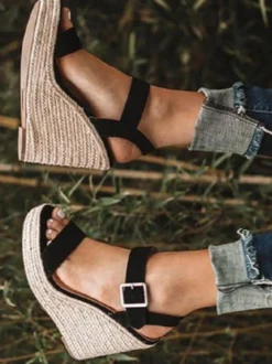 Sandales Compensées à Talons Femme avec Brides Unicolore avec Bout Ouvert