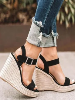 Sandales Compensées à Talons Femme avec Brides Unicolore avec Bout Ouvert