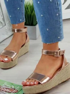 Sandales Compensées à Talons Femme avec Bout Ouvert Bicolores