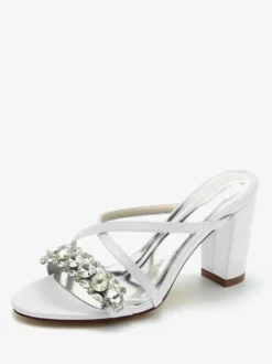 Sandales de mariée Deep Blue Satin Chic Sandales de mariage à bout ouvert et strass