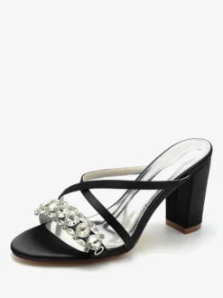 Sandales de mariée Deep Blue Satin Chic Sandales de mariage à bout ouvert et strass