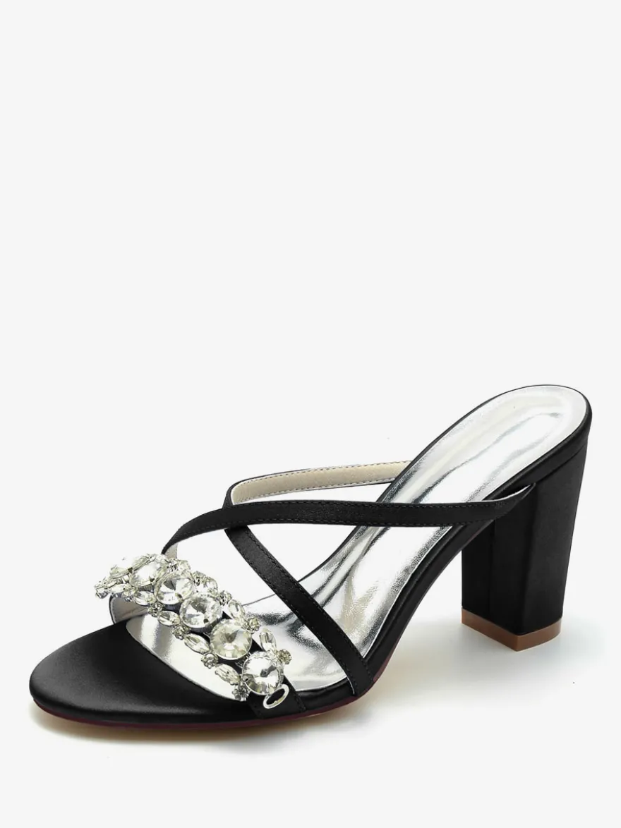 Sandales de mariée Deep Blue Satin Chic Sandales de mariage à bout ouvert et strass