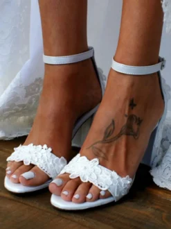 Sandales de mariée en cuir PU blanc sandales de mariage brodées à bout ouvert