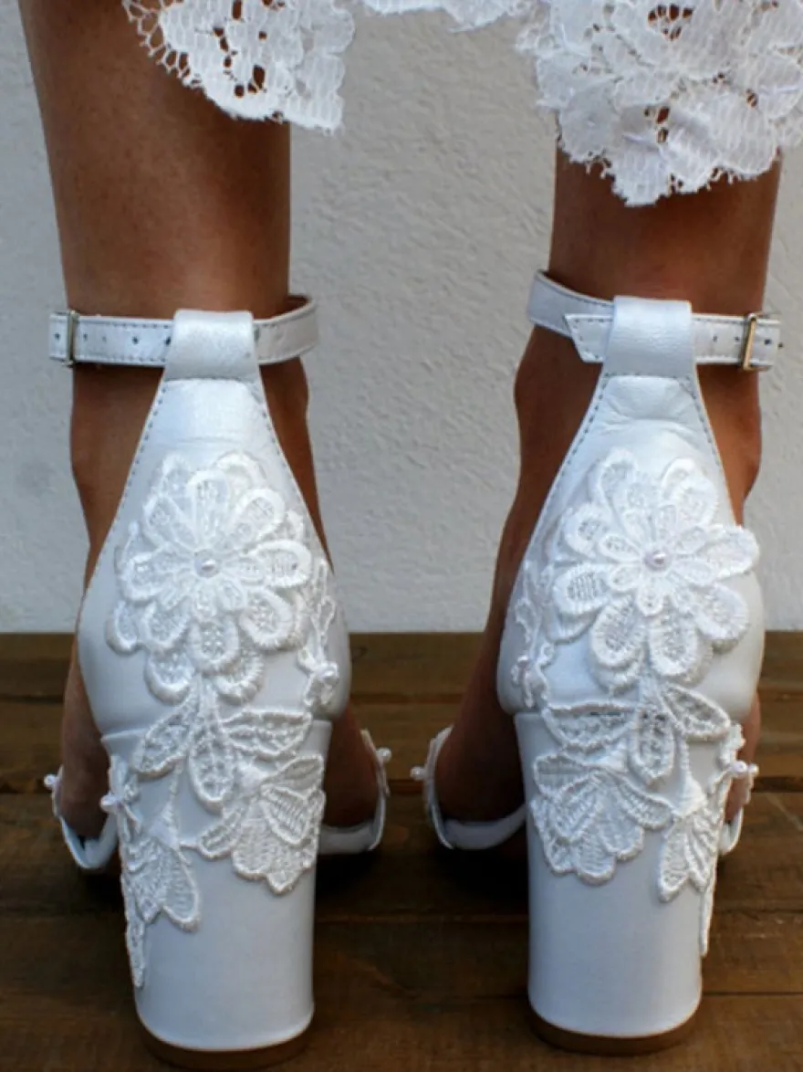 Sandales de mariée en cuir PU blanc sandales de mariage brodées à bout ouvert