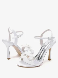 Sandales De Mariée En Satin Blanc Bout Ouvert Fleur Chaussures De Mariage