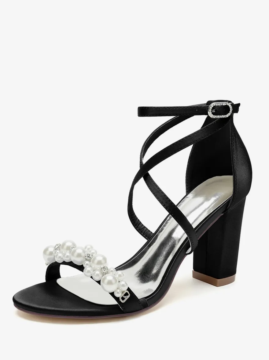 Sandales De Mariée En Satin Blanc Chic Bout Ouvert Perle Femme