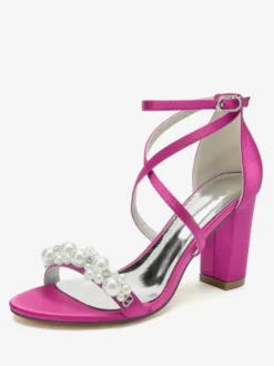 Sandales De Mariée En Satin Blanc Chic Bout Ouvert Perle Femme
