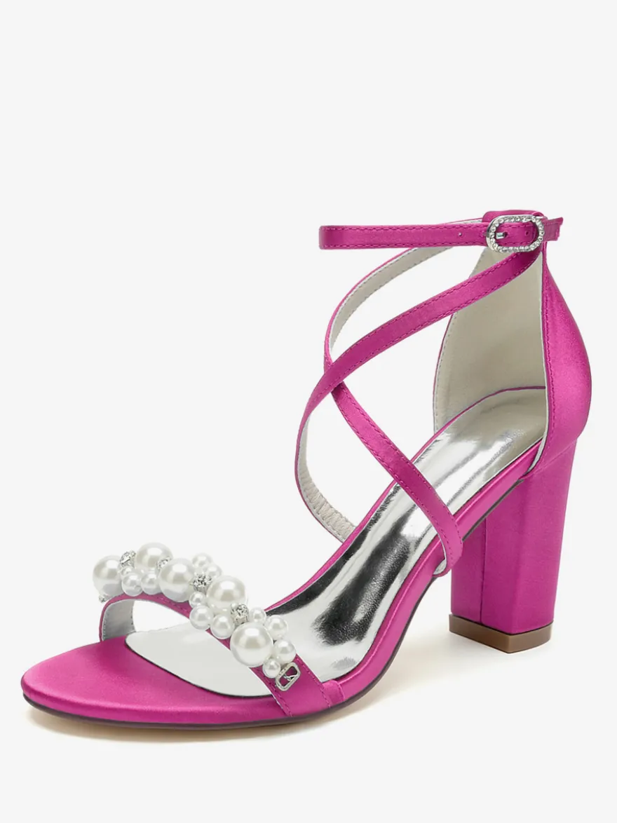 Sandales De Mariée En Satin Blanc Chic Bout Ouvert Perle Femme