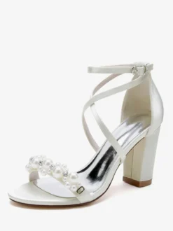 Sandales De Mariée En Satin Blanc Chic Bout Ouvert Perle Femme