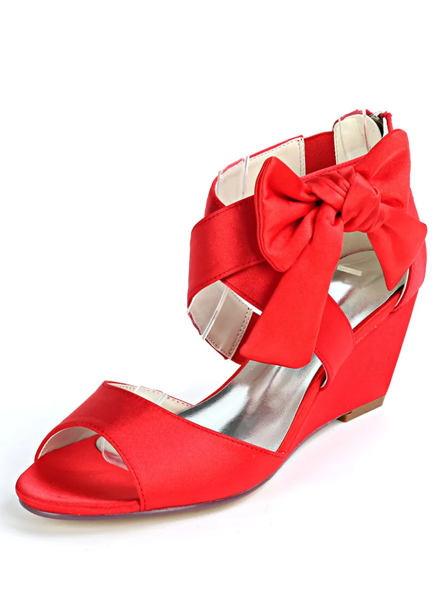 Sandales de mariée rouge en satin décoré de noeud chaussures de mariage rouge