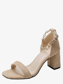 Sandales de soirée à talons carrés en daim avec chaîne et perles