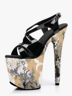 Sandales dorées à talons hauts bout ouvert plateforme et brides croisées