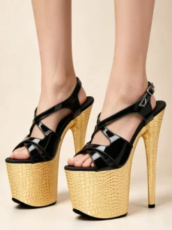 Sandales dorées à talons hauts bout ouvert plateforme et brides croisées