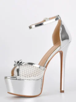 Sandales dorées à talons hauts plateforme bout ouvert bride cheville en résille avec nœud chaussures de soirée