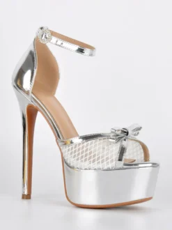 Sandales dorées à talons hauts plateforme bout ouvert bride cheville en résille avec nœud chaussures de soirée