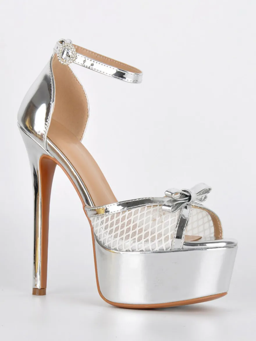 Sandales dorées à talons hauts plateforme bout ouvert bride cheville en résille avec nœud chaussures de soirée