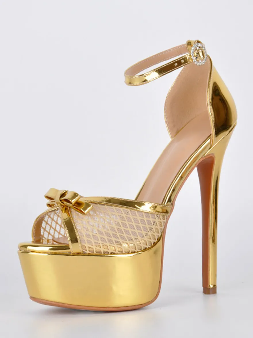 Sandales dorées à talons hauts plateforme bout ouvert bride cheville en résille avec nœud chaussures de soirée