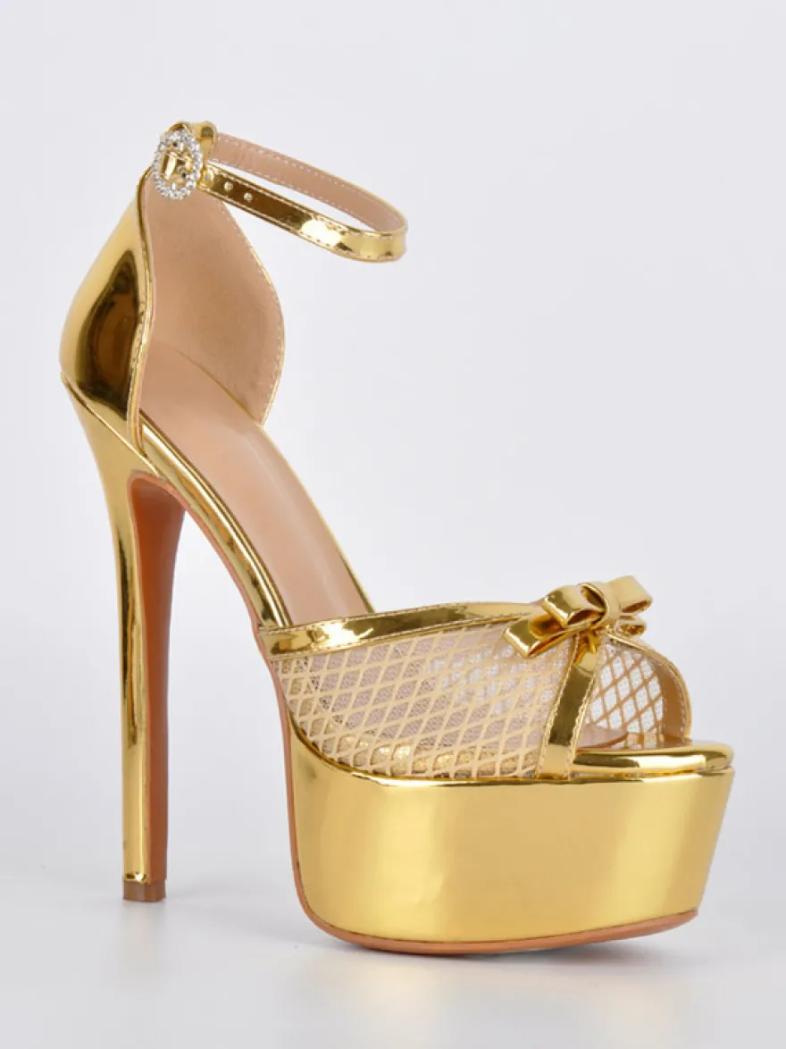 Sandales dorées à talons hauts plateforme bout ouvert bride cheville en résille avec nœud chaussures de soirée