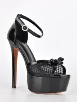 Sandales dorées à talons hauts plateforme bout ouvert bride cheville en résille avec nœud chaussures de soirée