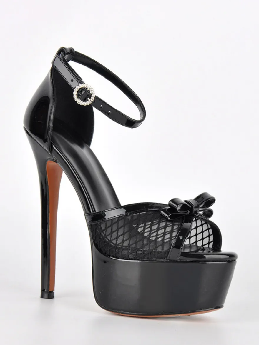 Sandales dorées à talons hauts plateforme bout ouvert bride cheville en résille avec nœud chaussures de soirée