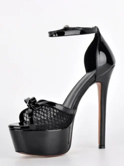 Sandales dorées à talons hauts plateforme bout ouvert bride cheville en résille avec nœud chaussures de soirée
