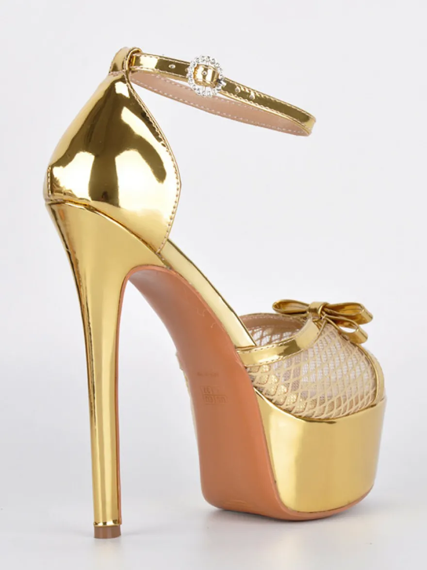 Sandales dorées à talons hauts plateforme bout ouvert bride cheville en résille avec nœud chaussures de soirée