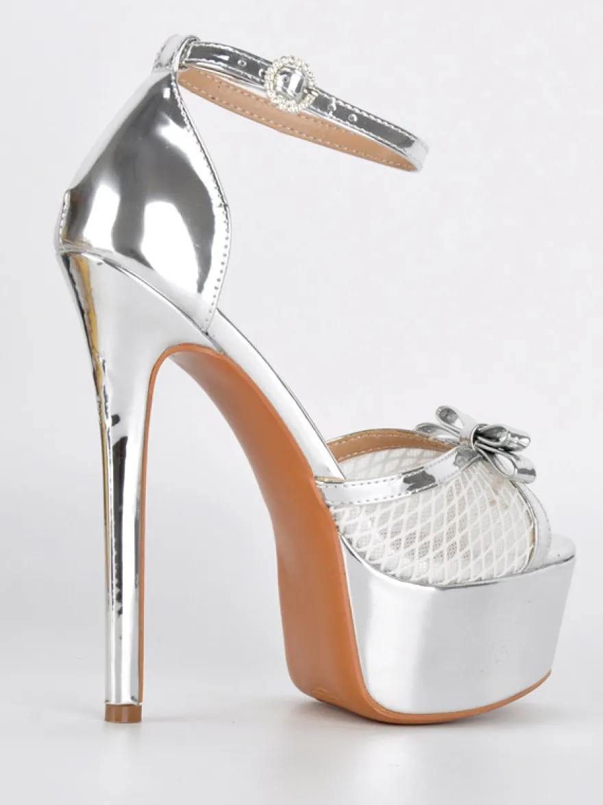 Sandales dorées à talons hauts plateforme bout ouvert bride cheville en résille avec nœud chaussures de soirée