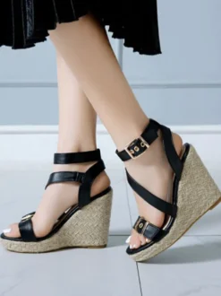 Sandales femme compensées en cuir synthétique