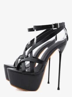 Sandales femme talon haut noir en PU plateforme boucle métal réglable