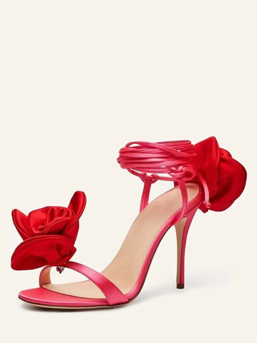 Sandales femme à talons chaussures de soirée à talons hauts en satin avec détails de fleurs à lacets