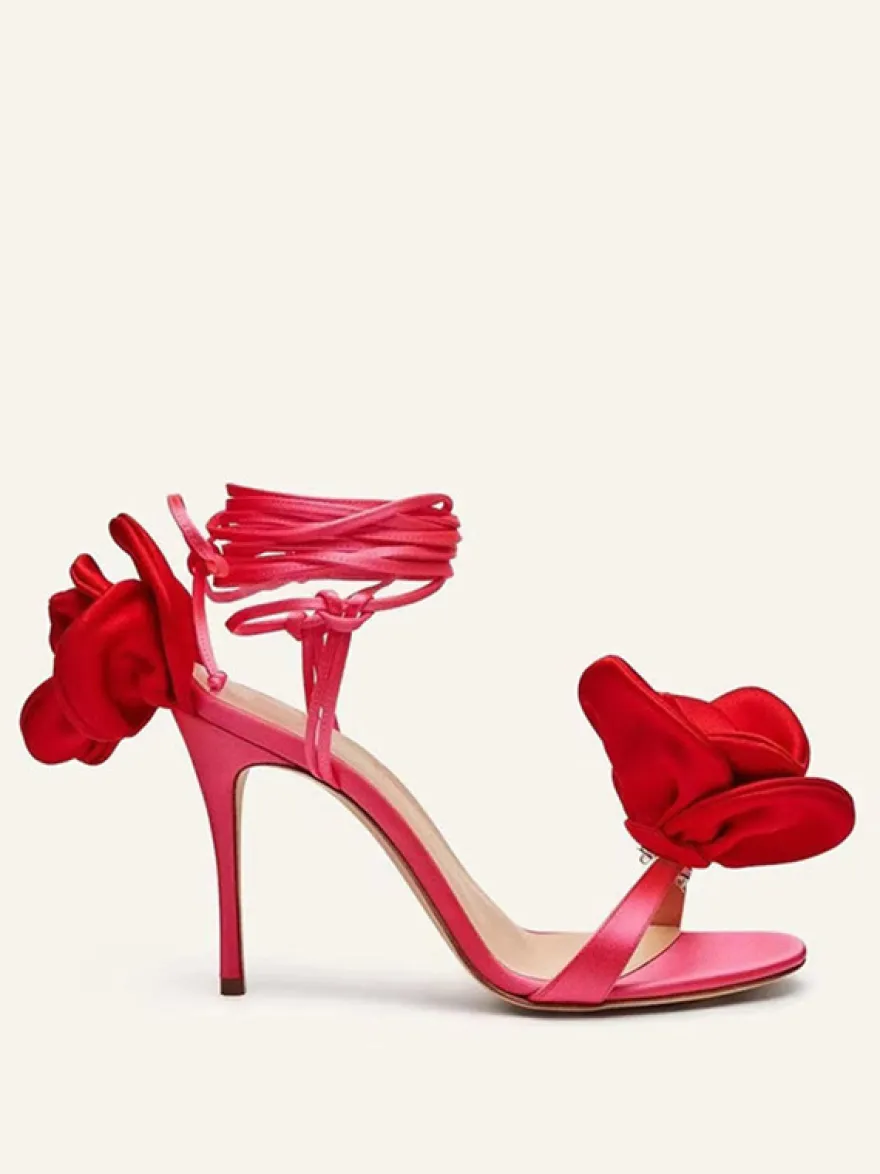Sandales femme à talons chaussures de soirée à talons hauts en satin avec détails de fleurs à lacets