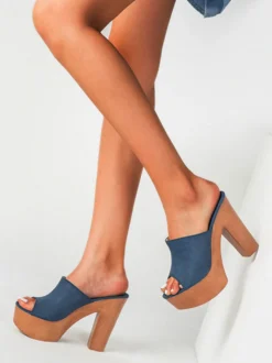Sandales Femme Terry Slide Bout Ouvert Talon Chunky Sandales à Talons Slip-On