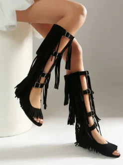 Sandales gladiateur en daim bout ouvert boucle chaussures plates à pompons