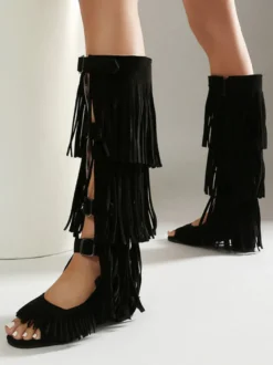 Sandales gladiateur en daim bout ouvert boucle chaussures plates à pompons