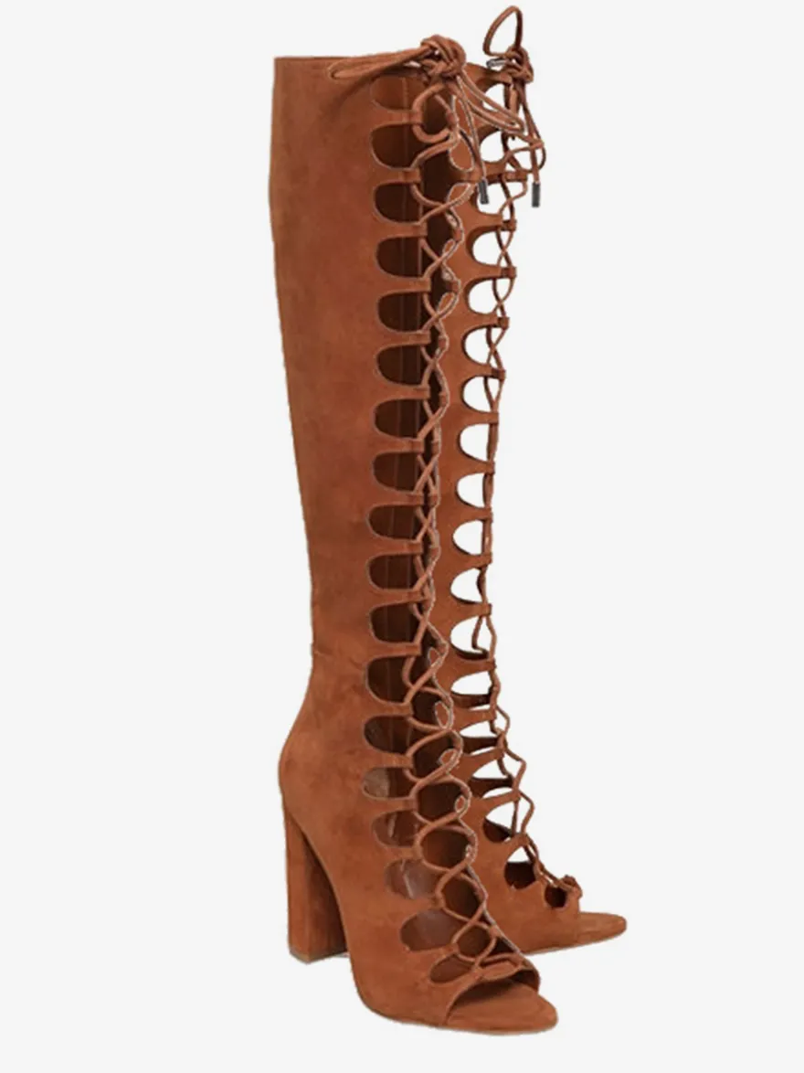 Sandales gladiateur en daim à bout ouvert découpées à lacets et à talons épais