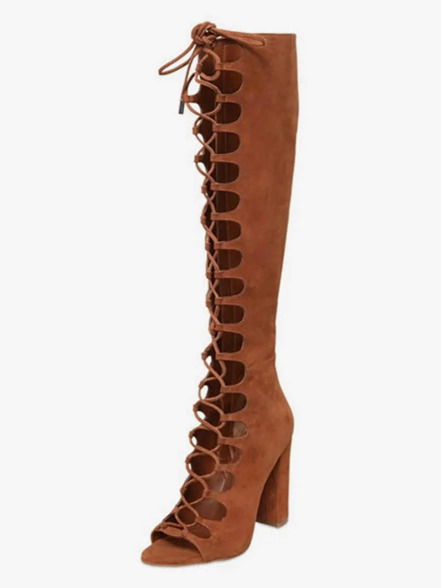 Sandales gladiateur en daim à bout ouvert découpées à lacets et à talons épais