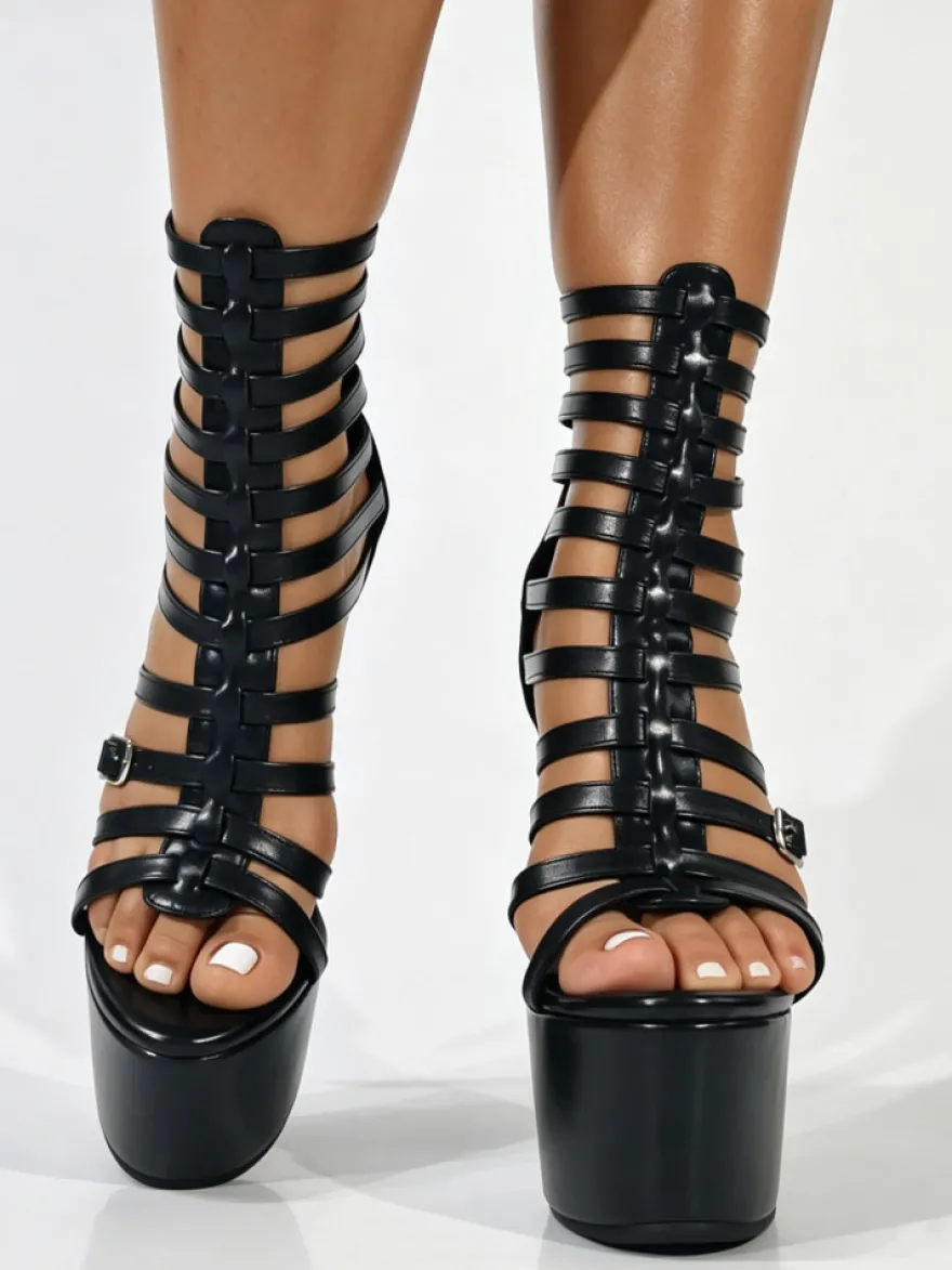 Sandales gladiateur noires à plateforme et boucle à talons hauts