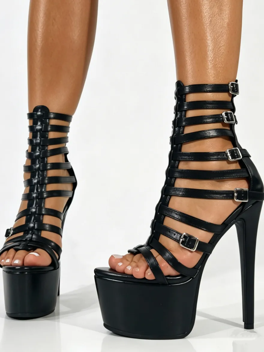 Sandales gladiateur noires à plateforme et boucle à talons hauts