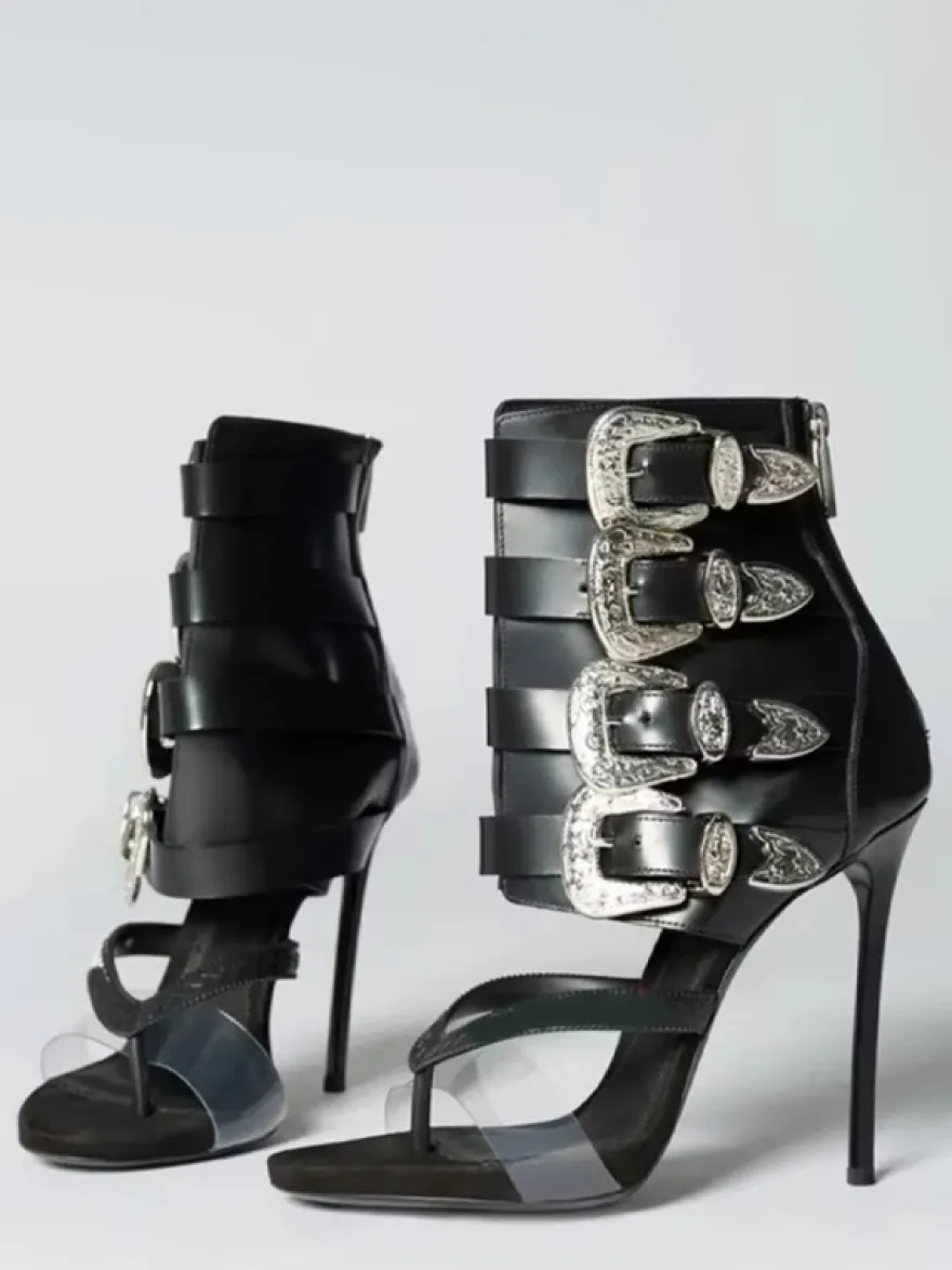 Sandales gladiateur pour femmes tongs strass boucle talons hauts