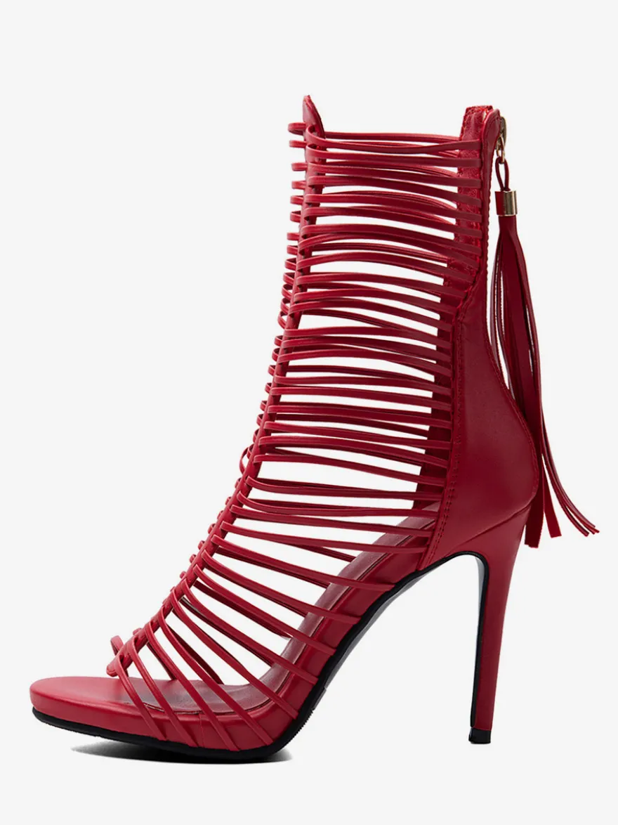 Sandales gladiateur rouges pour femmes sandales à talons hauts à bout ouvert et brides
