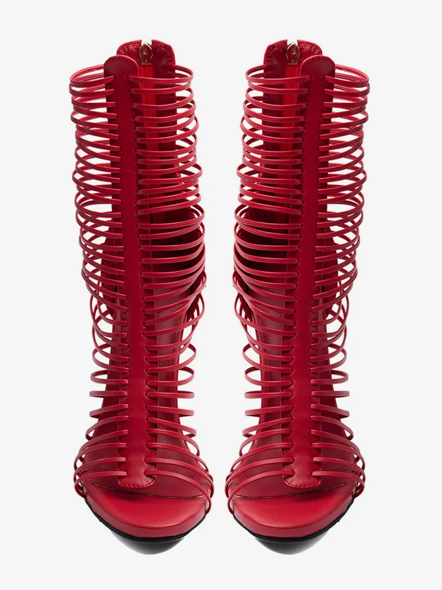 Sandales gladiateur rouges pour femmes sandales à talons hauts à bout ouvert et brides