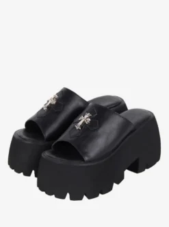 Sandales gothiques Lolita avec détails en métal bout ouvert croisé en cuir PU chaussures d'été noires Lolita