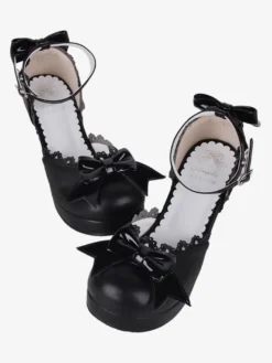 Sandales gothiques Lolita avec nœuds à bout ouvert en cuir PU chaussures d'été noires Lolita