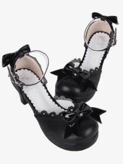 Sandales gothiques Lolita avec nœuds à bout ouvert en cuir PU chaussures d'été noires Lolita