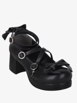 Sandales gothiques Lolita avec nœuds à bout rond en cuir PU chaussures d'été noires Lolita