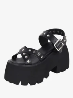 Sandales gothiques Lolita avec détails métalliques bout ouvert cuir PU métallique chaussures d'été noires Lolita