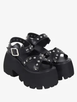 Sandales gothiques Lolita avec détails métalliques bout ouvert cuir PU métallique chaussures d'été noires Lolita