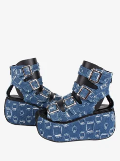 Sandales gothiques Lolita à bout rond en textile Chaussures d'été Lolita bleu profond