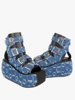 Sandales gothiques Lolita à bout rond en textile Chaussures d'été Lolita bleu profond